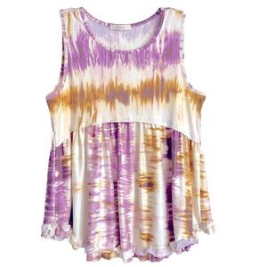 Entro Size Medium Purple/Gold Tie-Dye Tiered Sleeveless Tank Polyester-Spandex